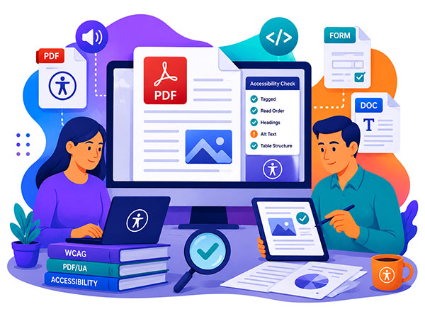 Illustration of two people working on digital accessibility, with symbols for PDF, DOC, and accessibility checks on a computer screen.