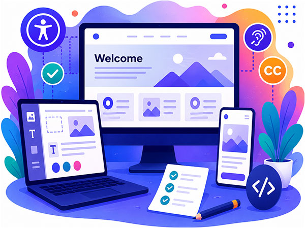 Illustration showing a desktop, laptop, and smartphone displaying a website interface labeled 'Welcome' with accessibility icons surrounding them.
