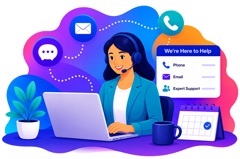Customer service representative at a laptop with icons for phone, email, and chat, indicating support options.