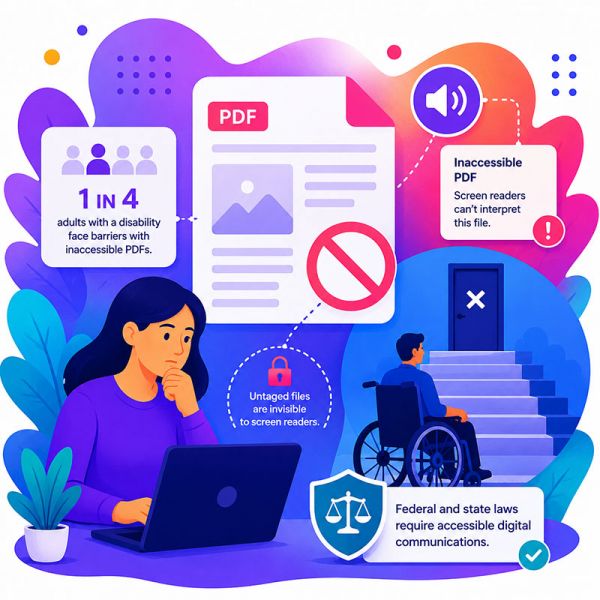 Infographic illustrating PDF accessibility issues: 1 in 4 adults with a disability face PDF barriers, untagged files are unreadable, and laws require accessibility.