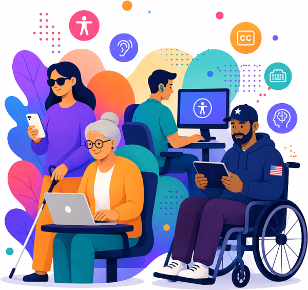 Illustration depicting diverse people with disabilities using technology, highlighting the importance of digital accessibility.