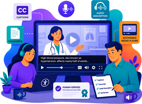 Illustration of video accessibility features including captions, transcripts, audio descriptions, and accessible media player.