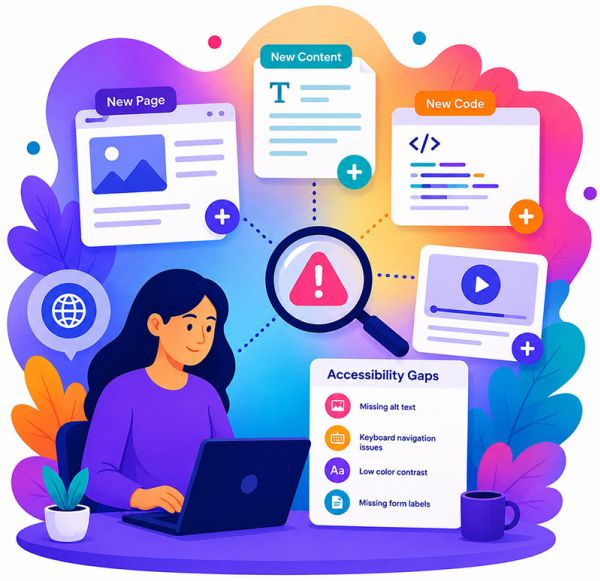 Illustration showing a person at a laptop addressing web accessibility issues like missing alt text and low color contrast.
