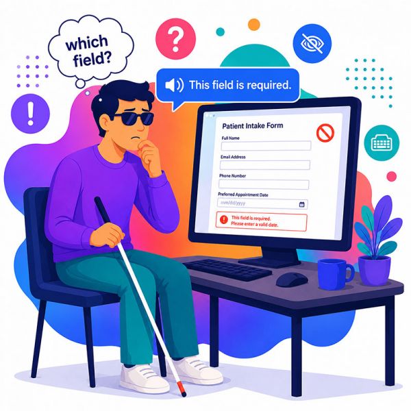 A blind person using a screen reader is confused by a required field error in a digital form.
