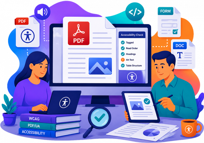 Illustration of two people working on digital accessibility, with symbols for PDF, DOC, and accessibility checks on a computer screen.