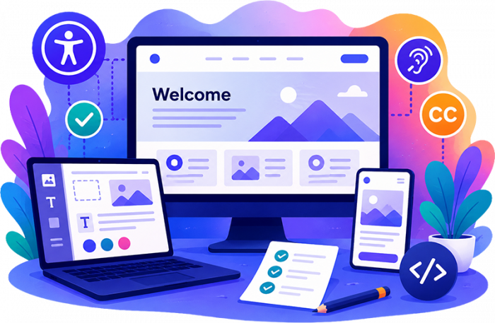 Illustration showing a desktop, laptop, and smartphone displaying a website interface labeled 'Welcome' with accessibility icons surrounding them.