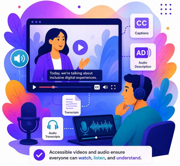 Illustration highlighting features for accessible digital experiences: captions, audio description, and transcripts.